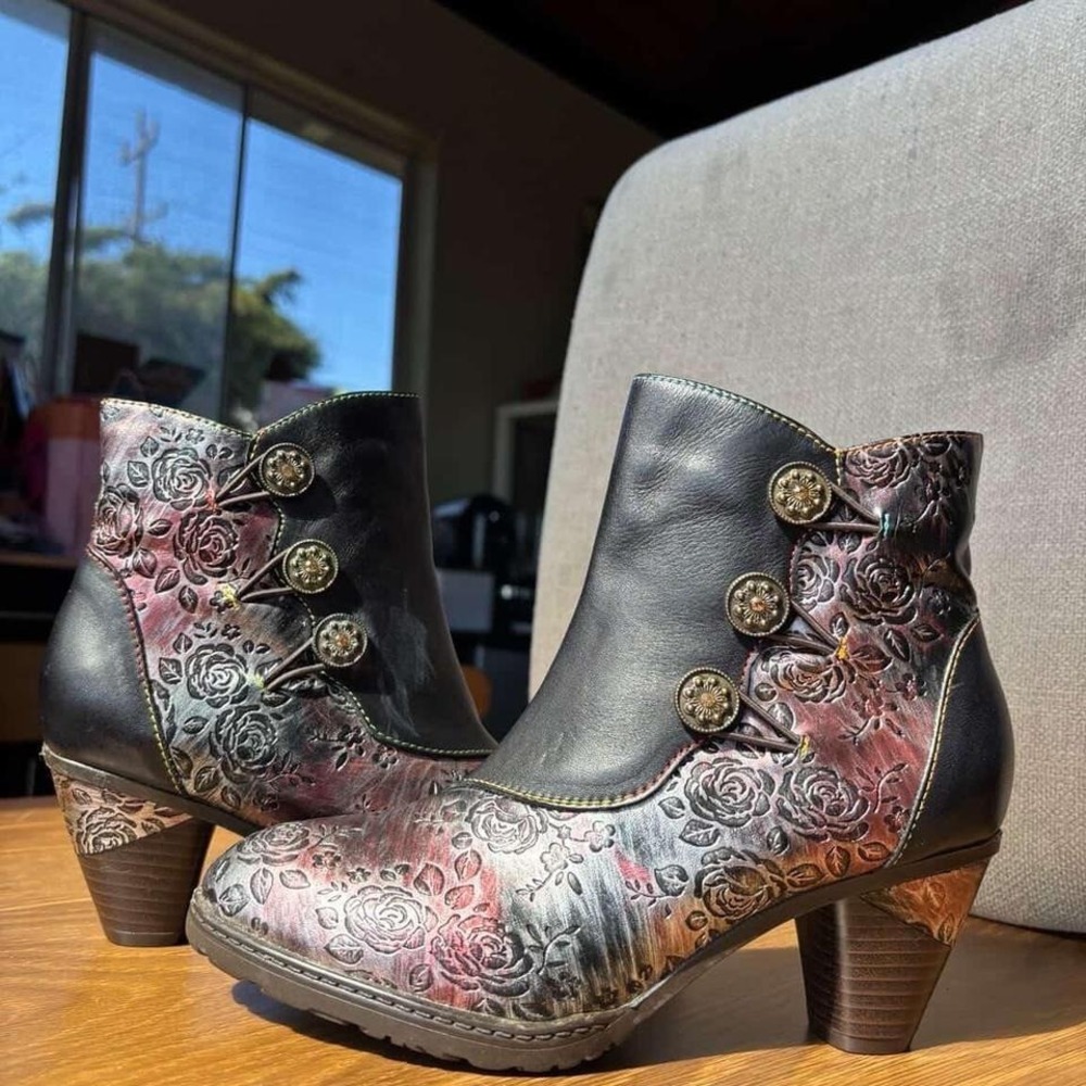 L'Artiste by Spring Step Leather Floral Embossed Ankle Boots